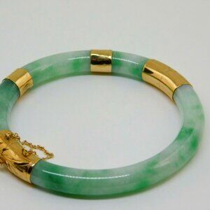 ESTATE 14K YELLOW GOLD GREEN JADE HINGED BANGLE BRACELET 30.4g 2-1/8" ACROSS